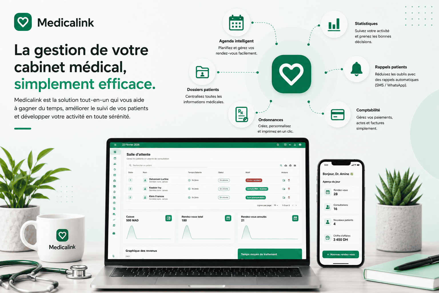 لوحة تحكم Medicalink لإدارة العيادات الطبية في المغرب تظهر على حاسوب محمول مع إدارة المرضى، المواعيد الطبية، غرفة الانتظار والإحصائيات الطبية الحديثة